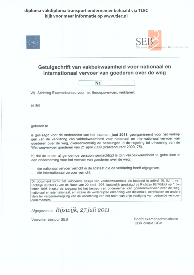 Vakdiploma Vervoer